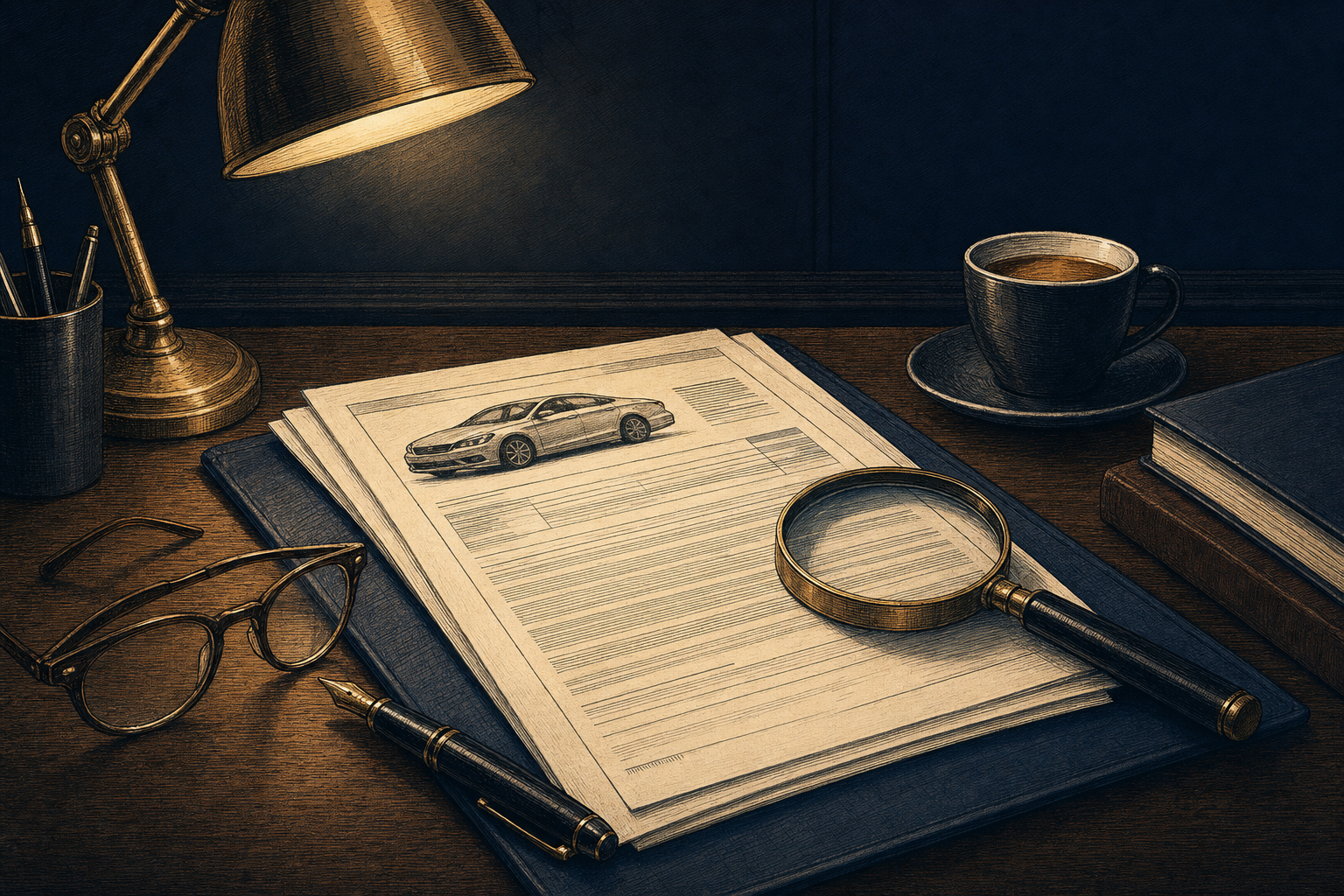 Bureau avec un contrat de financement automobile, une loupe et une lampe en éclairage chaud