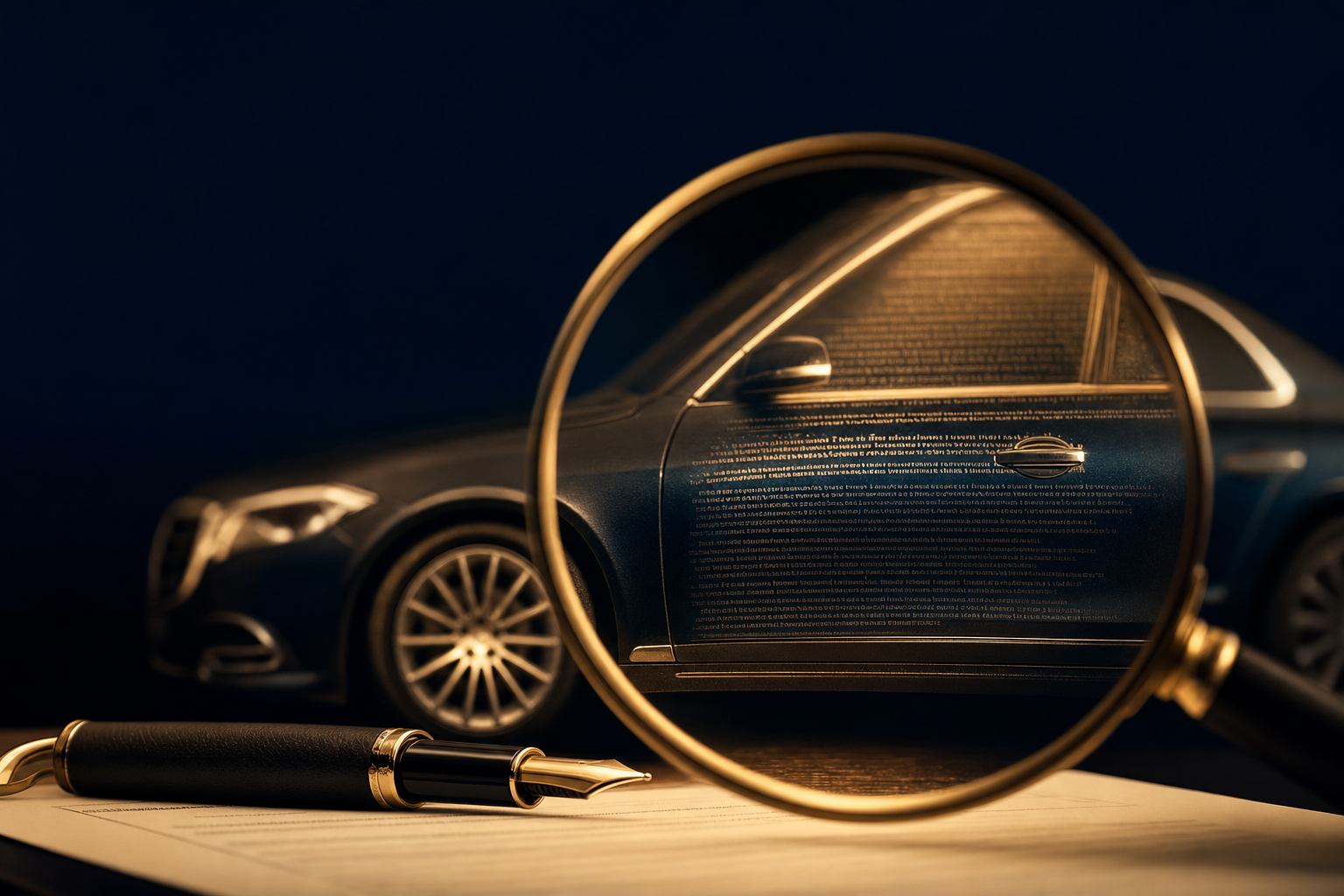 Voiture observée à travers une loupe révélant les détails d'un contrat de financement
